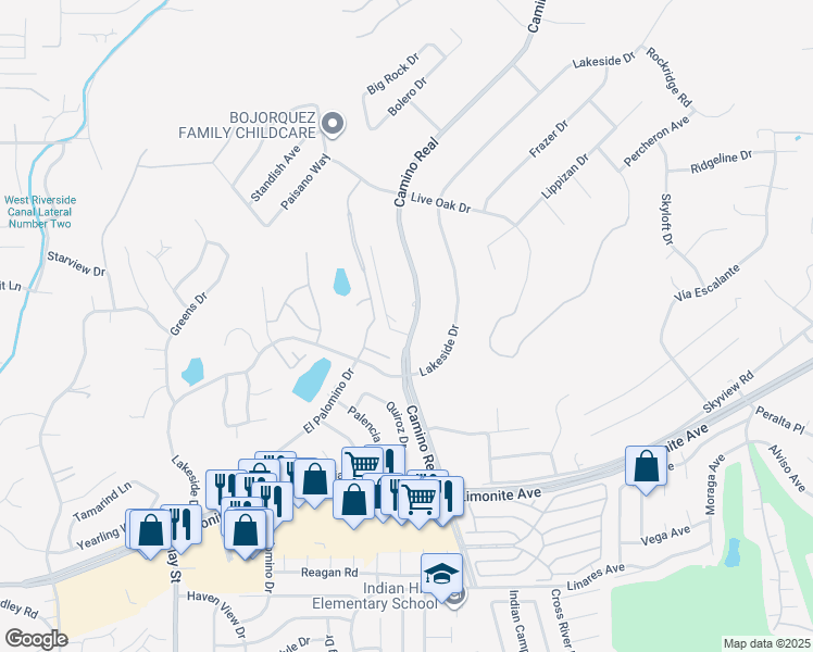 map of restaurants, bars, coffee shops, grocery stores, and more near 5731 Camino Real in Riverside