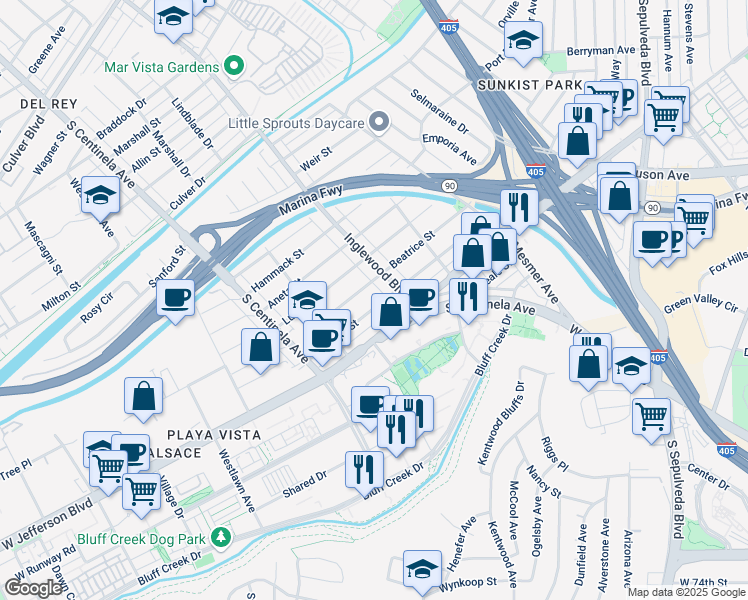 map of restaurants, bars, coffee shops, grocery stores, and more near 12035 Juniette Street in Culver City