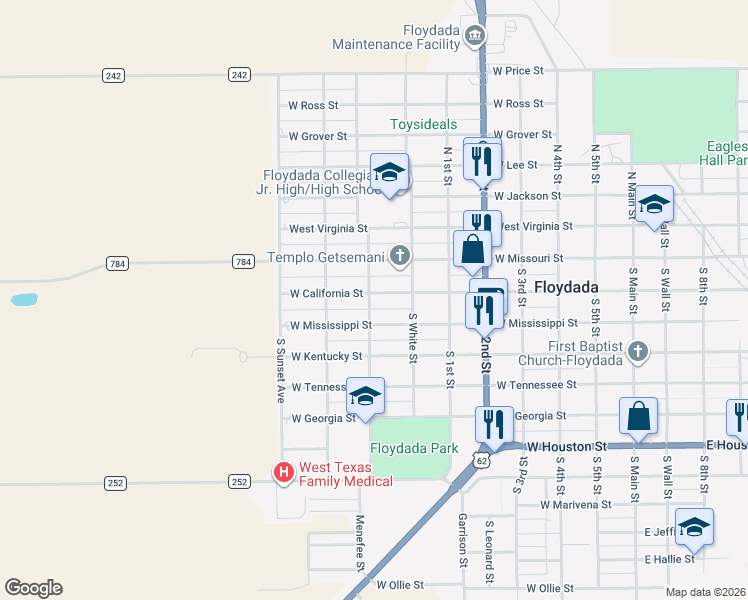 map of restaurants, bars, coffee shops, grocery stores, and more near 201-299 S Tree St in Floydada