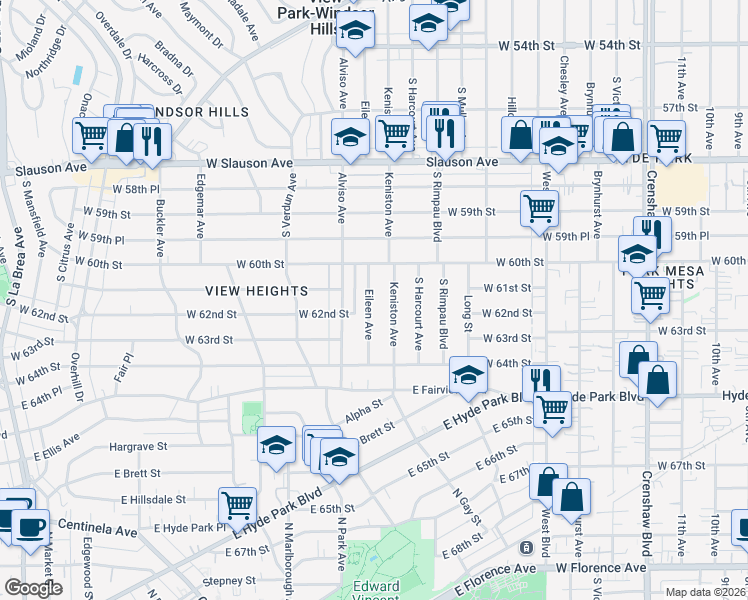 map of restaurants, bars, coffee shops, grocery stores, and more near 6114 Eileen Avenue in Los Angeles
