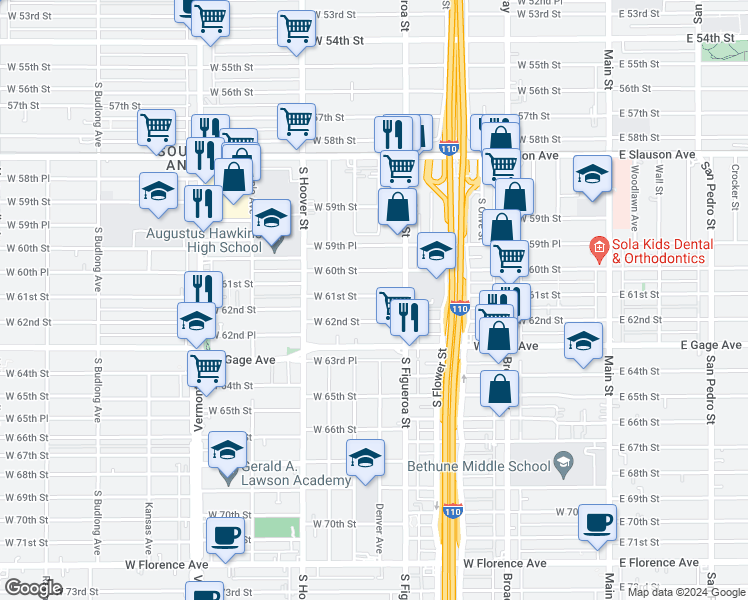 map of restaurants, bars, coffee shops, grocery stores, and more near 606 West 61st Street in Los Angeles