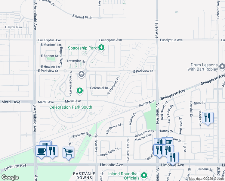 map of restaurants, bars, coffee shops, grocery stores, and more near 4885 South Monarch Place in Ontario