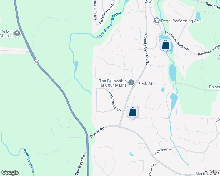map of restaurants, bars, coffee shops, grocery stores, and more near 6420 Vicksburg Ct NW in Acworth