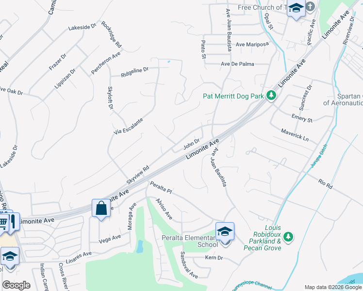 map of restaurants, bars, coffee shops, grocery stores, and more near 6981 John Drive in Riverside