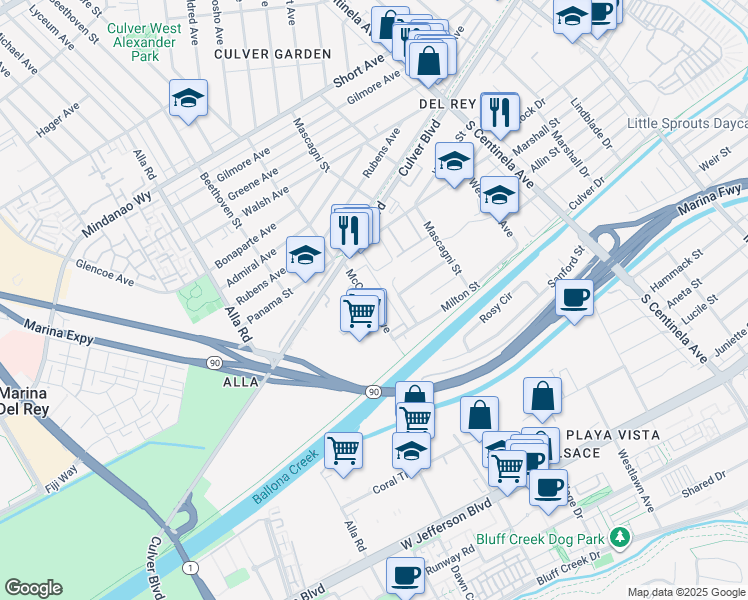 map of restaurants, bars, coffee shops, grocery stores, and more near 4885 Patrae Street in Los Angeles