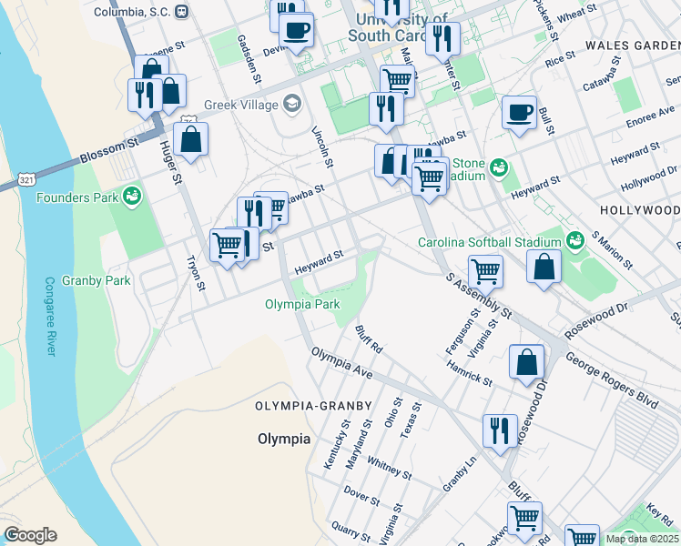 map of restaurants, bars, coffee shops, grocery stores, and more near 818 Heyward Street in Columbia