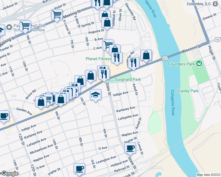 map of restaurants, bars, coffee shops, grocery stores, and more near 1107 South Carolina 2 in Cayce