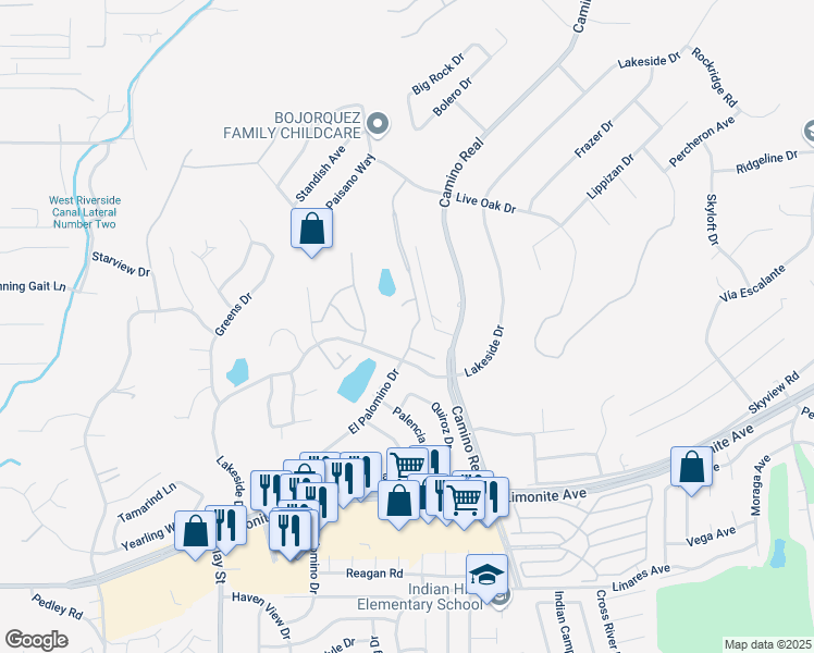 map of restaurants, bars, coffee shops, grocery stores, and more near 5741 El Palomino Drive in Riverside