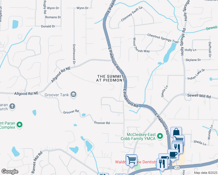 map of restaurants, bars, coffee shops, grocery stores, and more near 1345 Hilltop Overlook Drive in Marietta