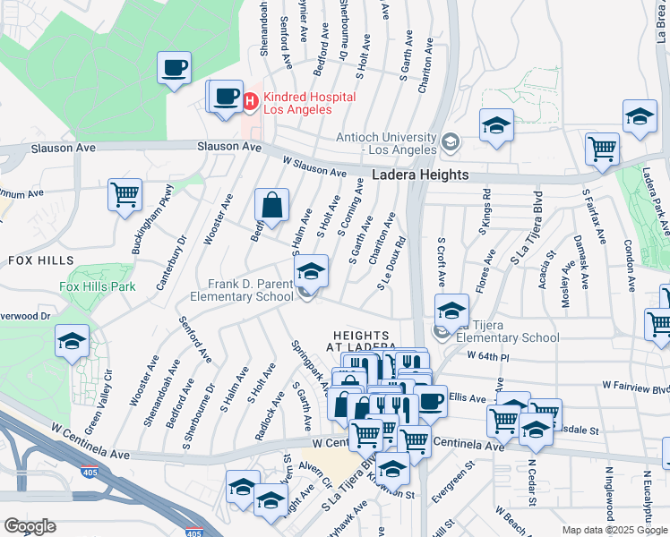 map of restaurants, bars, coffee shops, grocery stores, and more near 6210 South Corning Avenue in Los Angeles