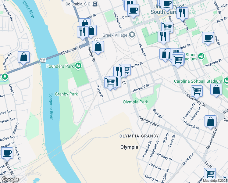 map of restaurants, bars, coffee shops, grocery stores, and more near 520 Whaley Street in Columbia