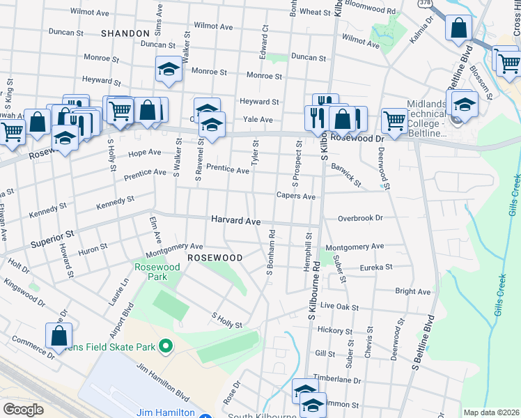 map of restaurants, bars, coffee shops, grocery stores, and more near 510 Tyler Street in Columbia