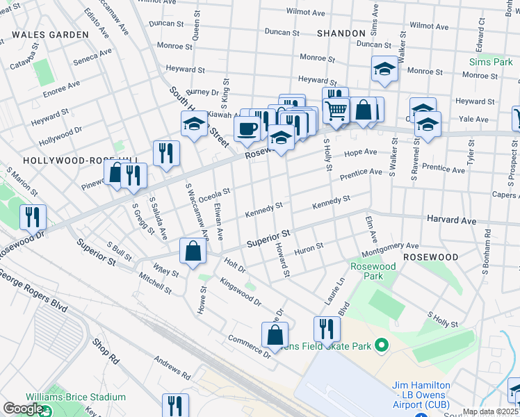 map of restaurants, bars, coffee shops, grocery stores, and more near 520 South Woodrow Street in Columbia