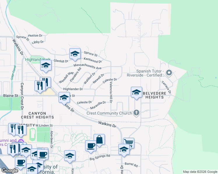 map of restaurants, bars, coffee shops, grocery stores, and more near 3155 Valencia Hill Drive in Riverside