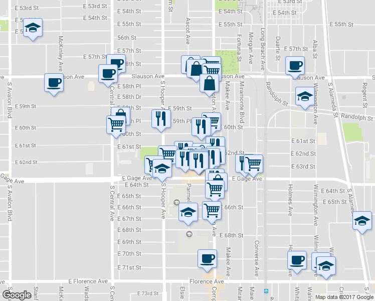 map of restaurants, bars, coffee shops, grocery stores, and more near 1364 East 61st Street in Los Angeles