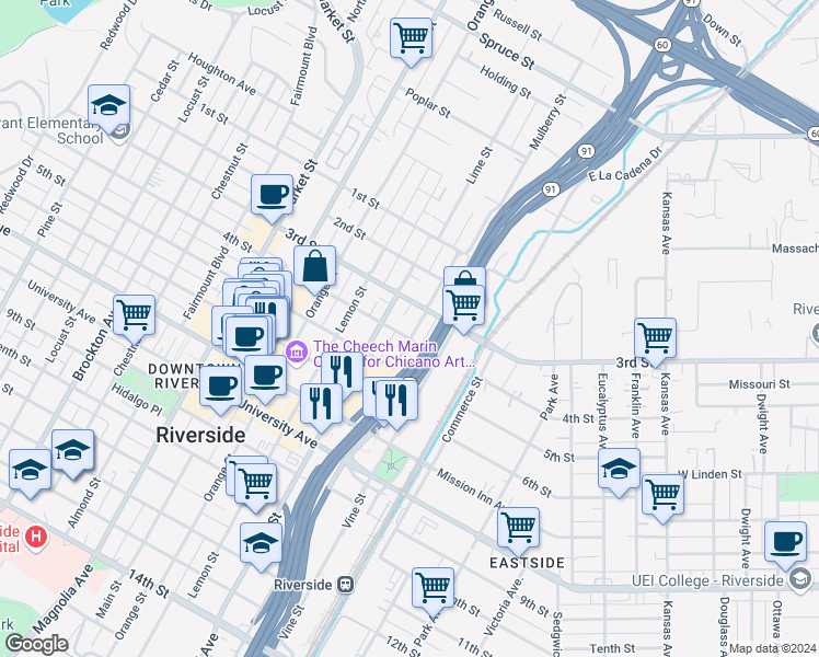 map of restaurants, bars, coffee shops, grocery stores, and more near 3391 Mulberry Street in Riverside