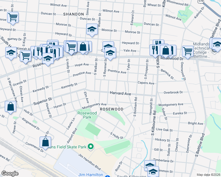 map of restaurants, bars, coffee shops, grocery stores, and more near 510 Dogwood St in Columbia