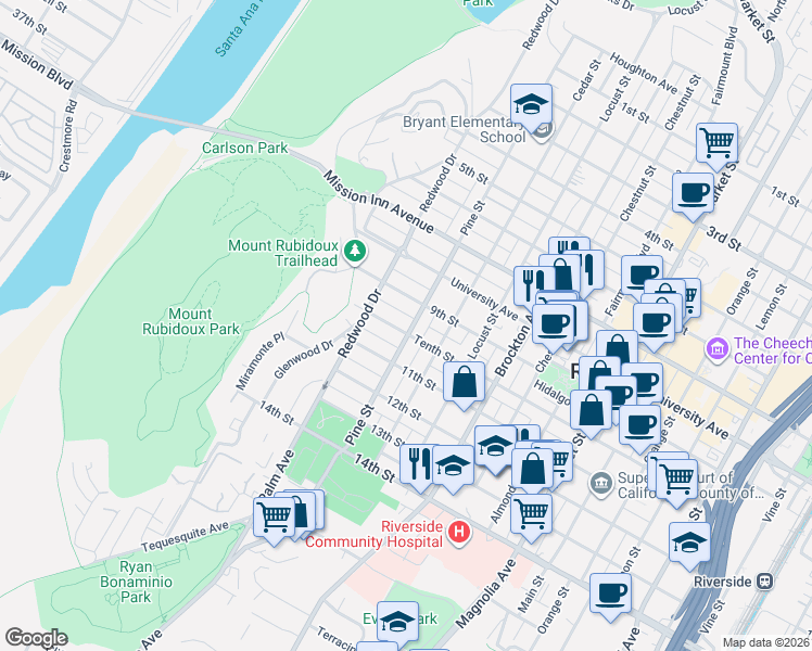 map of restaurants, bars, coffee shops, grocery stores, and more near 3995 Pine Street in Riverside