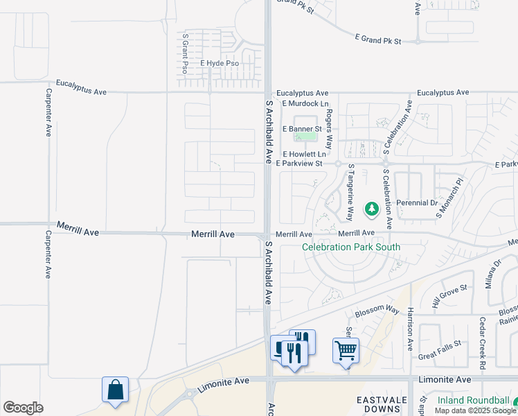 map of restaurants, bars, coffee shops, grocery stores, and more near 2689 East Mabel Lane in Ontario