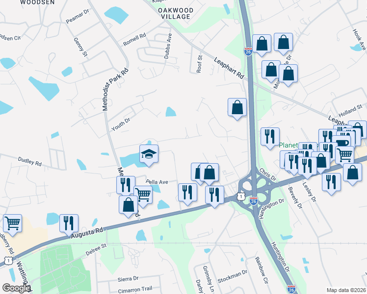 map of restaurants, bars, coffee shops, grocery stores, and more near 121 Woodside Parkway in West Columbia
