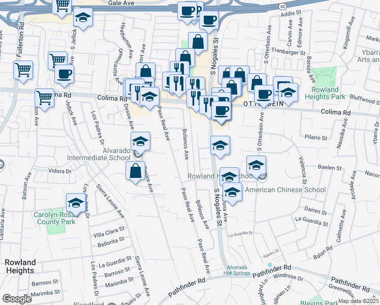 map of restaurants, bars, coffee shops, grocery stores, and more near 1908 Bolanos Avenue in Rowland Heights
