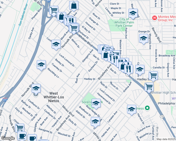 map of restaurants, bars, coffee shops, grocery stores, and more near 6625 Duchess Drive in Whittier
