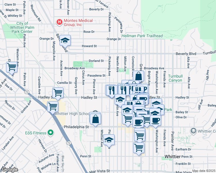 map of restaurants, bars, coffee shops, grocery stores, and more near 6313 Pickering Avenue in Whittier