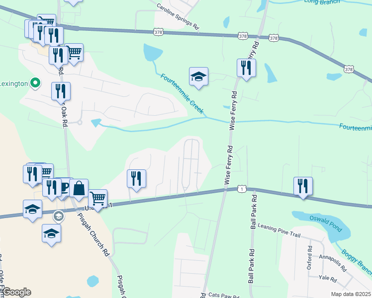 map of restaurants, bars, coffee shops, grocery stores, and more near 624 Dawsons Park Way in Lexington