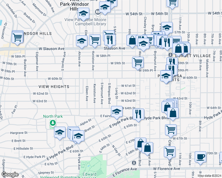 map of restaurants, bars, coffee shops, grocery stores, and more near 6114 South Rimpau Boulevard in Los Angeles