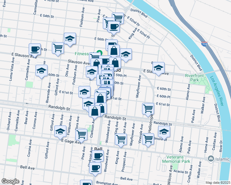 map of restaurants, bars, coffee shops, grocery stores, and more near 6043 1/2 Woodward Avenue in Maywood