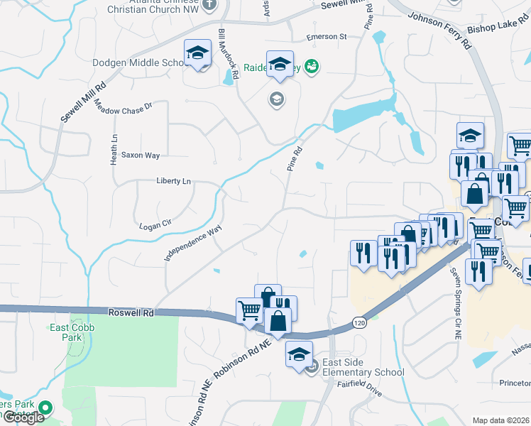 map of restaurants, bars, coffee shops, grocery stores, and more near 3753 Providence Road in Marietta