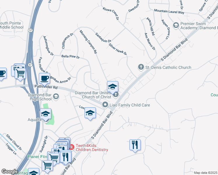 map of restaurants, bars, coffee shops, grocery stores, and more near 2303 Presado Drive in Diamond Bar