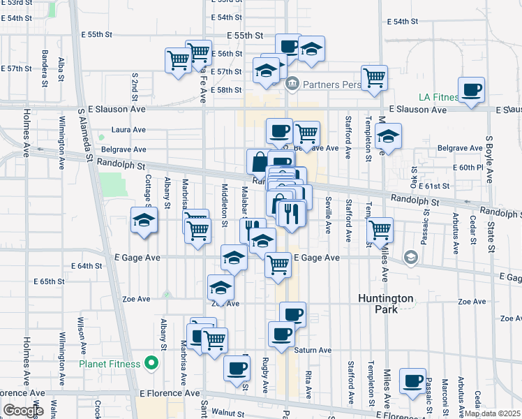 map of restaurants, bars, coffee shops, grocery stores, and more near 6155 Rugby Avenue in Huntington Park