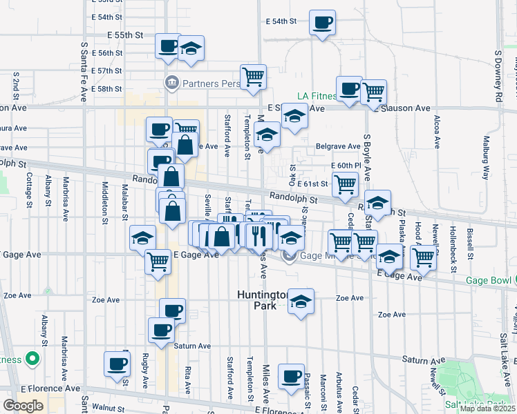 map of restaurants, bars, coffee shops, grocery stores, and more near 6121 Miles Avenue in Huntington Park