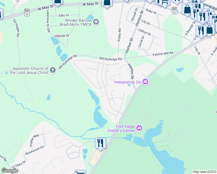 map of restaurants, bars, coffee shops, grocery stores, and more near 2133 Massey Lane in Winder