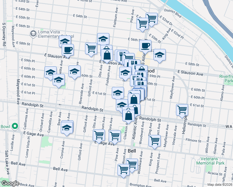 map of restaurants, bars, coffee shops, grocery stores, and more near 4329 East 61st Street in Huntington Park