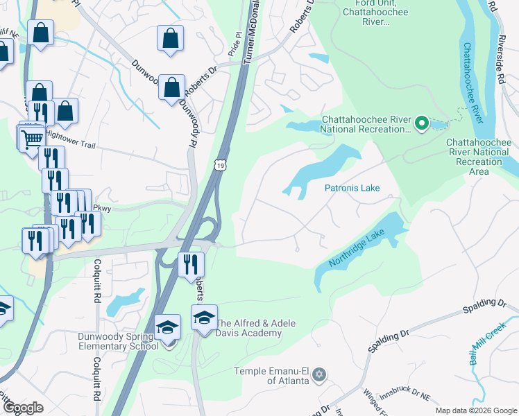 map of restaurants, bars, coffee shops, grocery stores, and more near 8380 Berkley Ridge Northeast in Atlanta