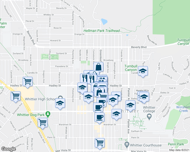 map of restaurants, bars, coffee shops, grocery stores, and more near 6308 Comstock Avenue in Whittier