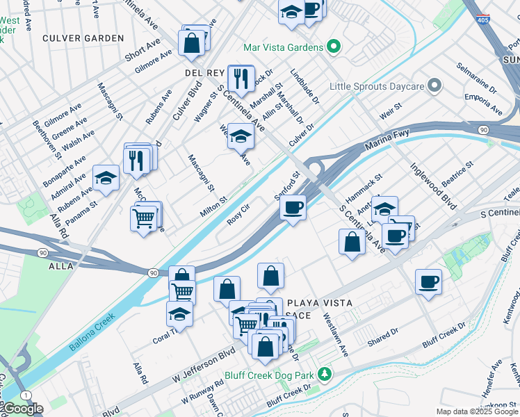 map of restaurants, bars, coffee shops, grocery stores, and more near 12521 Sanford Street in Los Angeles