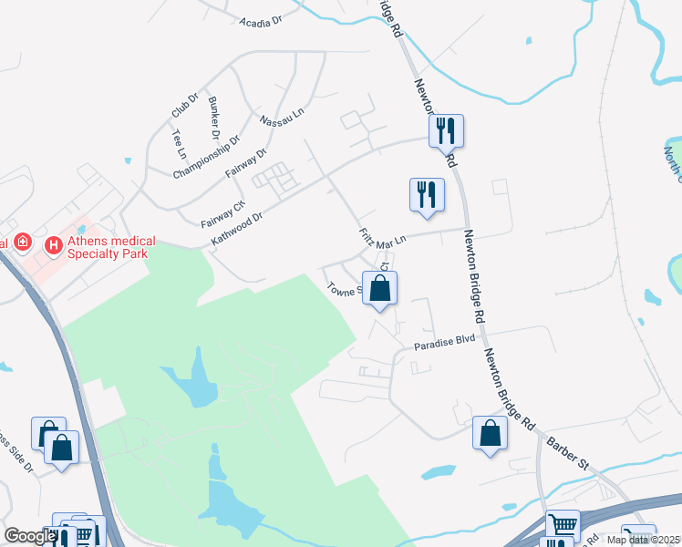 map of restaurants, bars, coffee shops, grocery stores, and more near 1420 Towne Square Terrace in Athens
