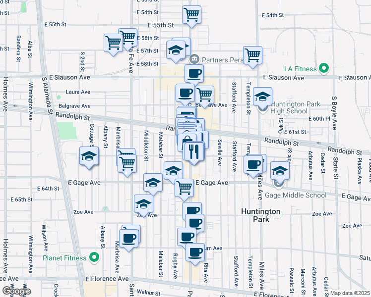 map of restaurants, bars, coffee shops, grocery stores, and more near 6215 Pacific Boulevard in Huntington Park
