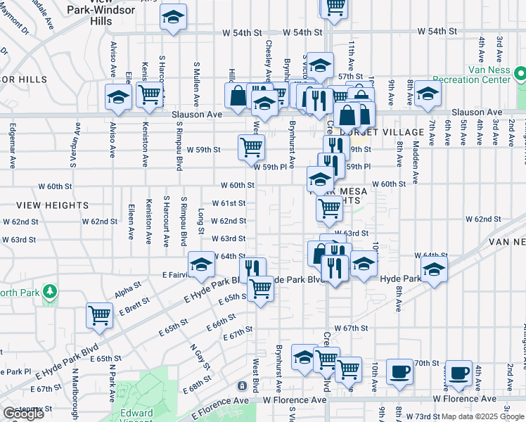 map of restaurants, bars, coffee shops, grocery stores, and more near 6110 West Boulevard in Los Angeles
