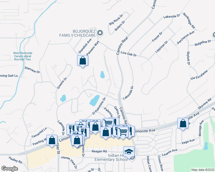 map of restaurants, bars, coffee shops, grocery stores, and more near 5741 El Palomino Drive in Riverside