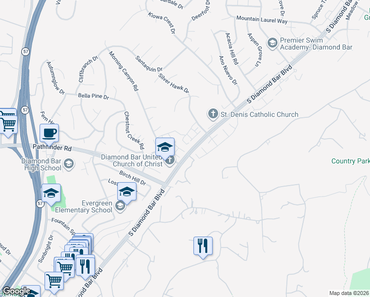 map of restaurants, bars, coffee shops, grocery stores, and more near 2330 Canyon Park Drive in Diamond Bar