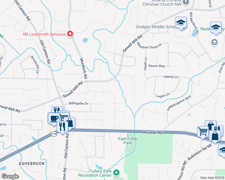 map of restaurants, bars, coffee shops, grocery stores, and more near 1358 Murdock Road in Marietta