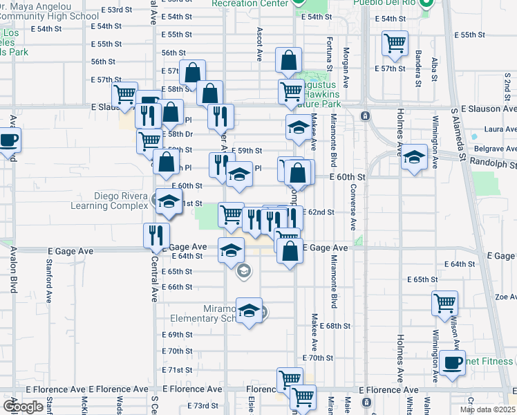 map of restaurants, bars, coffee shops, grocery stores, and more near 1364 1/2 East 61st Street in Los Angeles