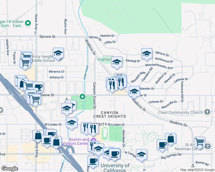 map of restaurants, bars, coffee shops, grocery stores, and more near 3131 Watkins Drive in Riverside