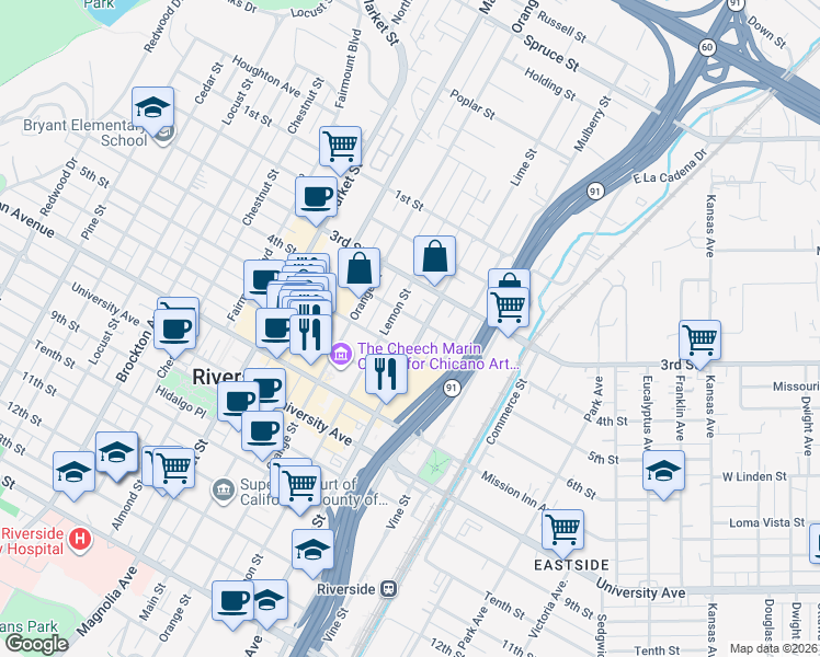 map of restaurants, bars, coffee shops, grocery stores, and more near 3449 Lime Street in Riverside