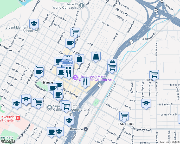 map of restaurants, bars, coffee shops, grocery stores, and more near 3449 Lime Street in Riverside