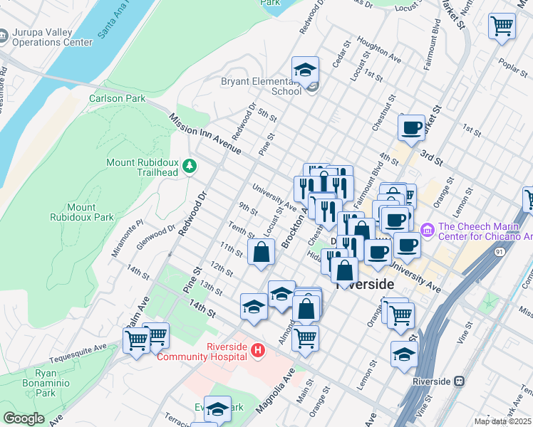 map of restaurants, bars, coffee shops, grocery stores, and more near 3873 Locust Street in Riverside